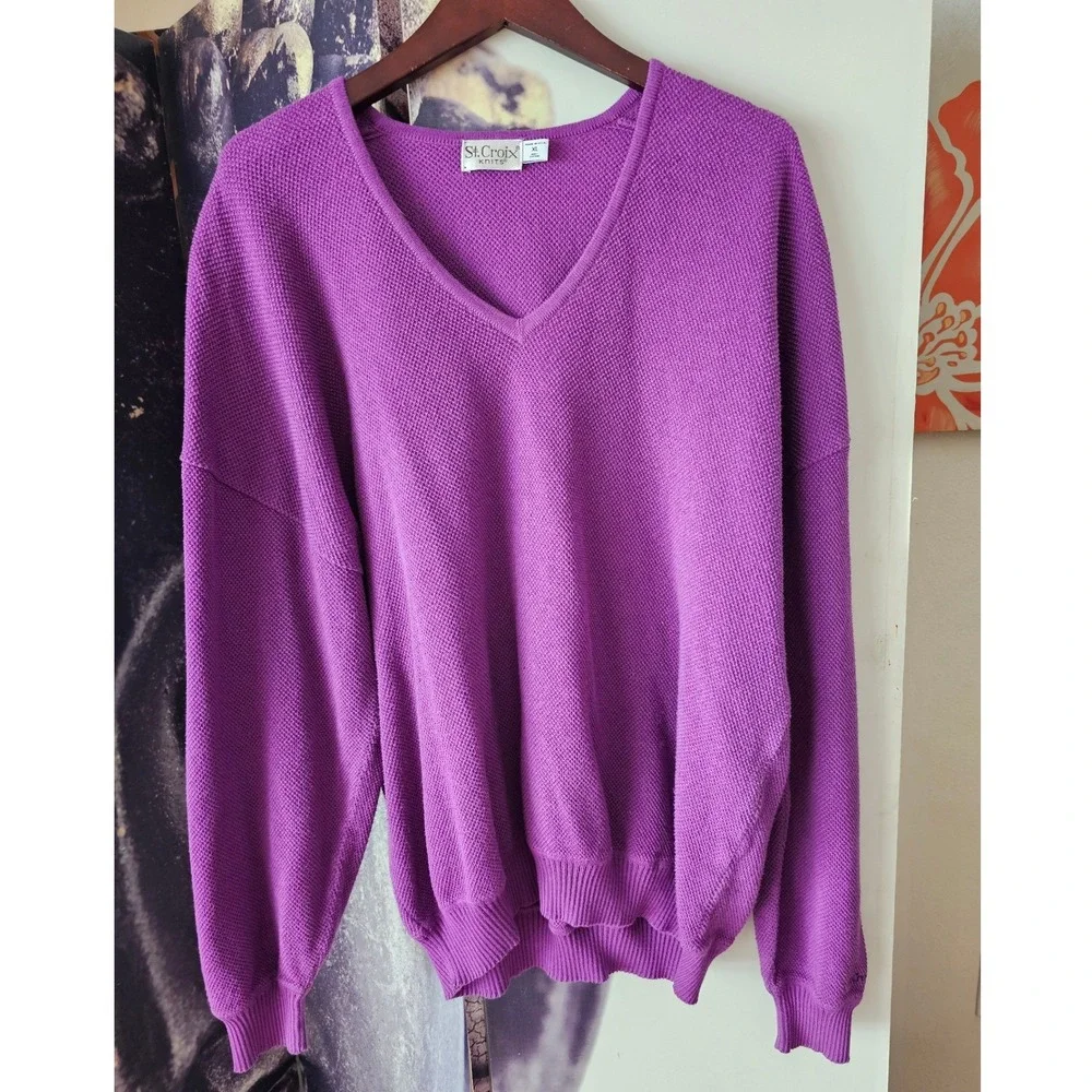 Vintage 90s‎ St Croix Sweater Mens XL Knit Purple V Neck Cotton Baggy Relaxed
